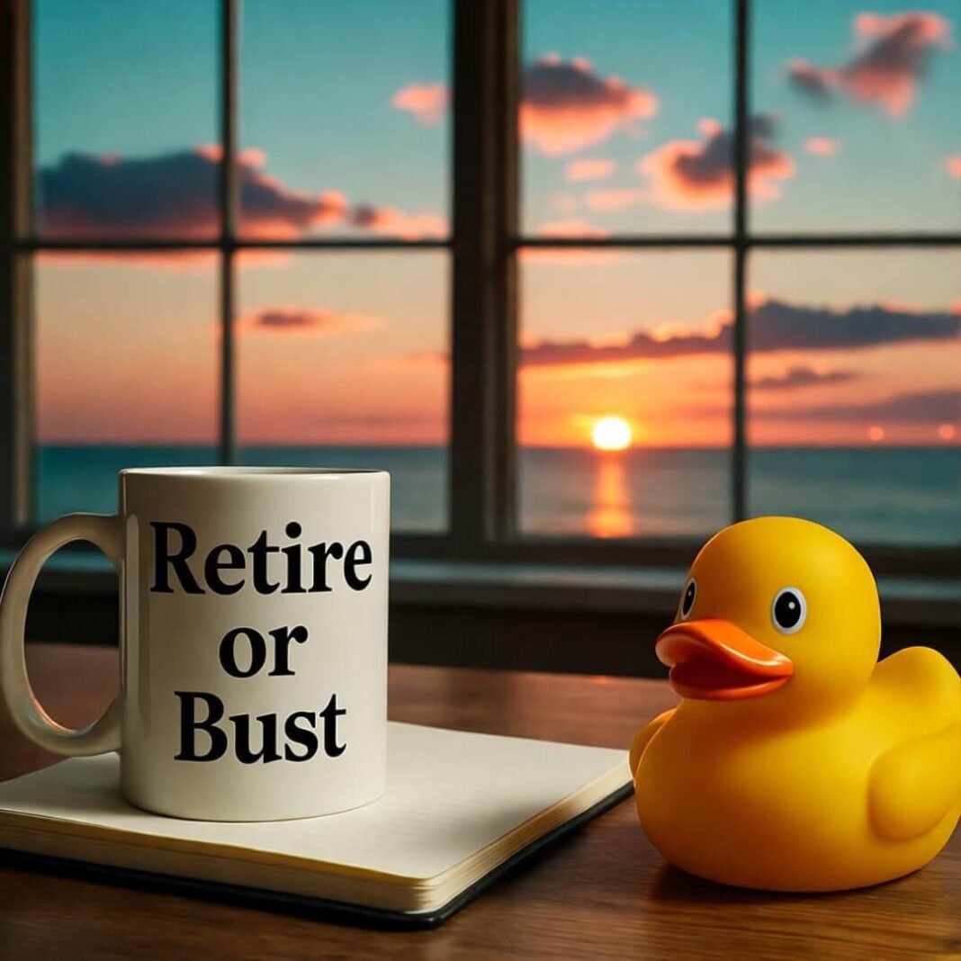 Blurry desk with notebook, mug, duck, sunset.