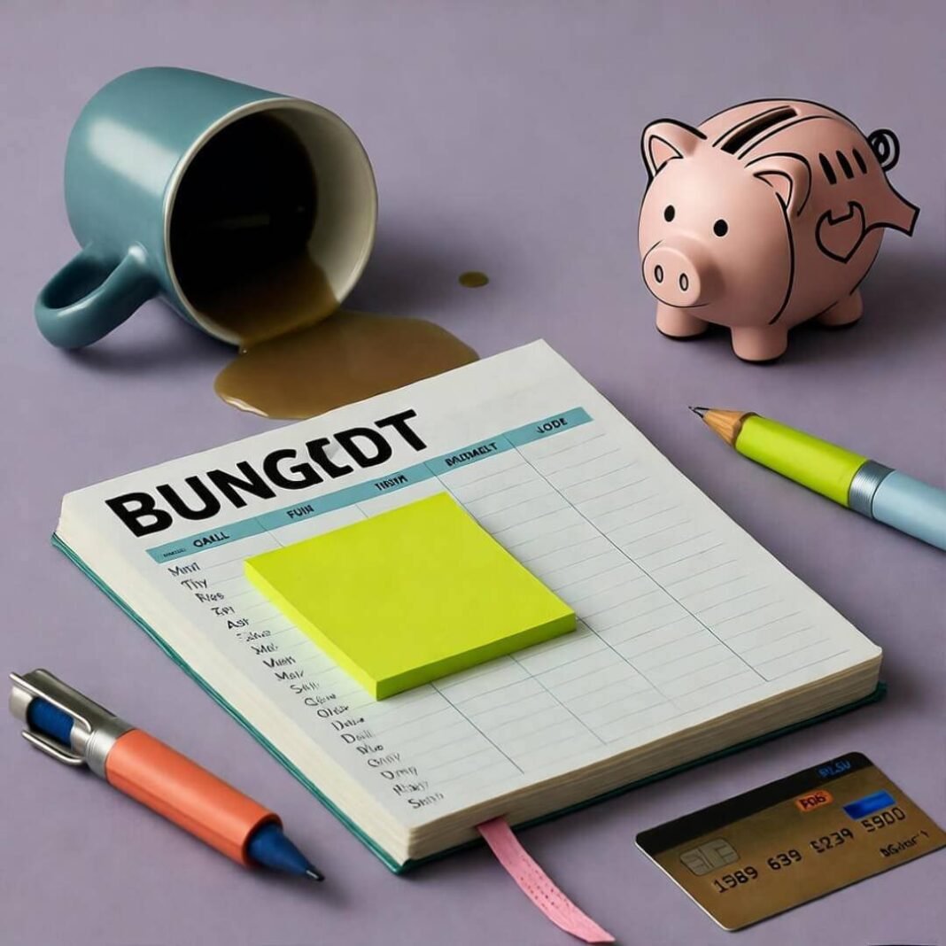 Cluttered desk, spilled coffee, piggy bank doodle.