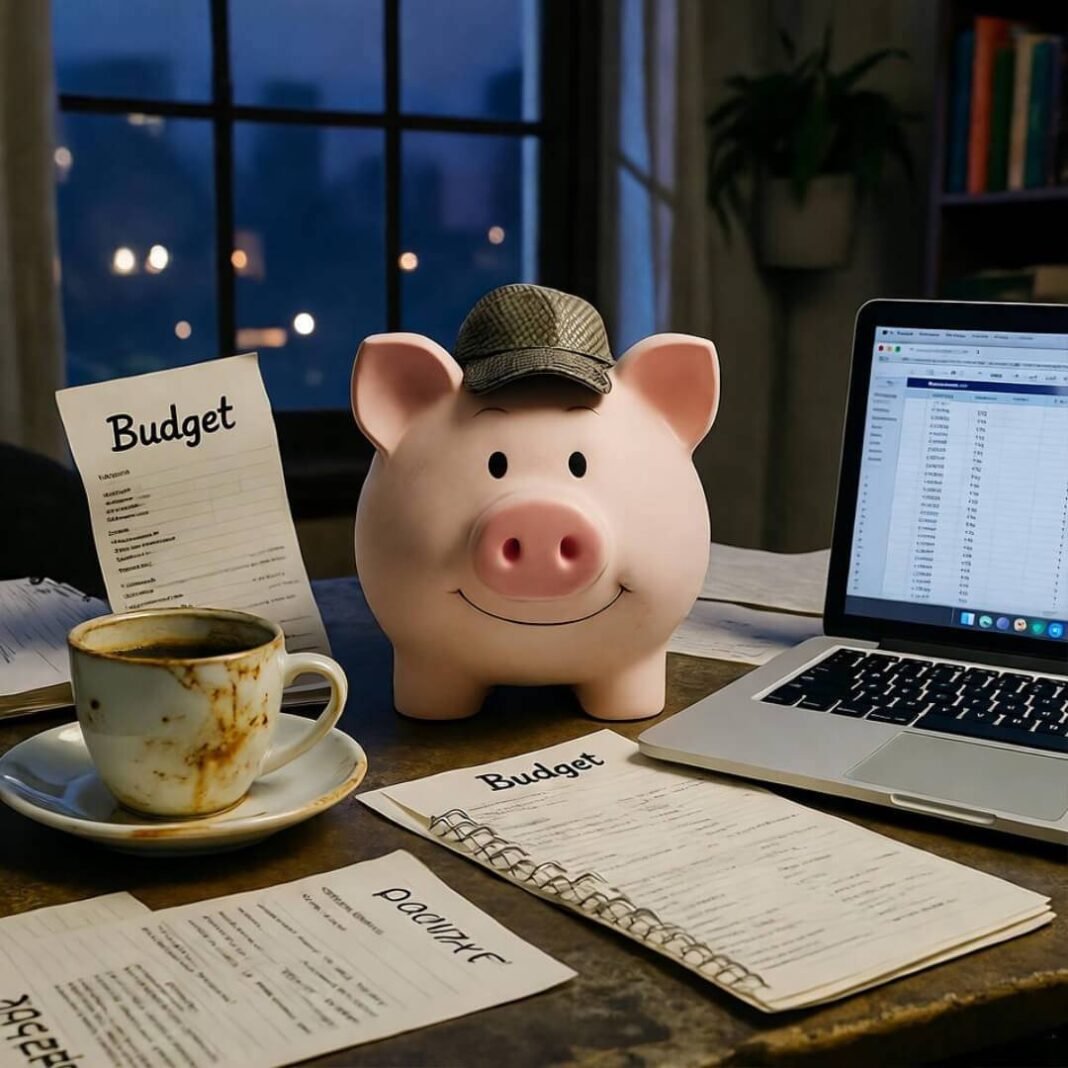 Messy desk with coffee stains, receipts, laptop, and capped piggy bank.