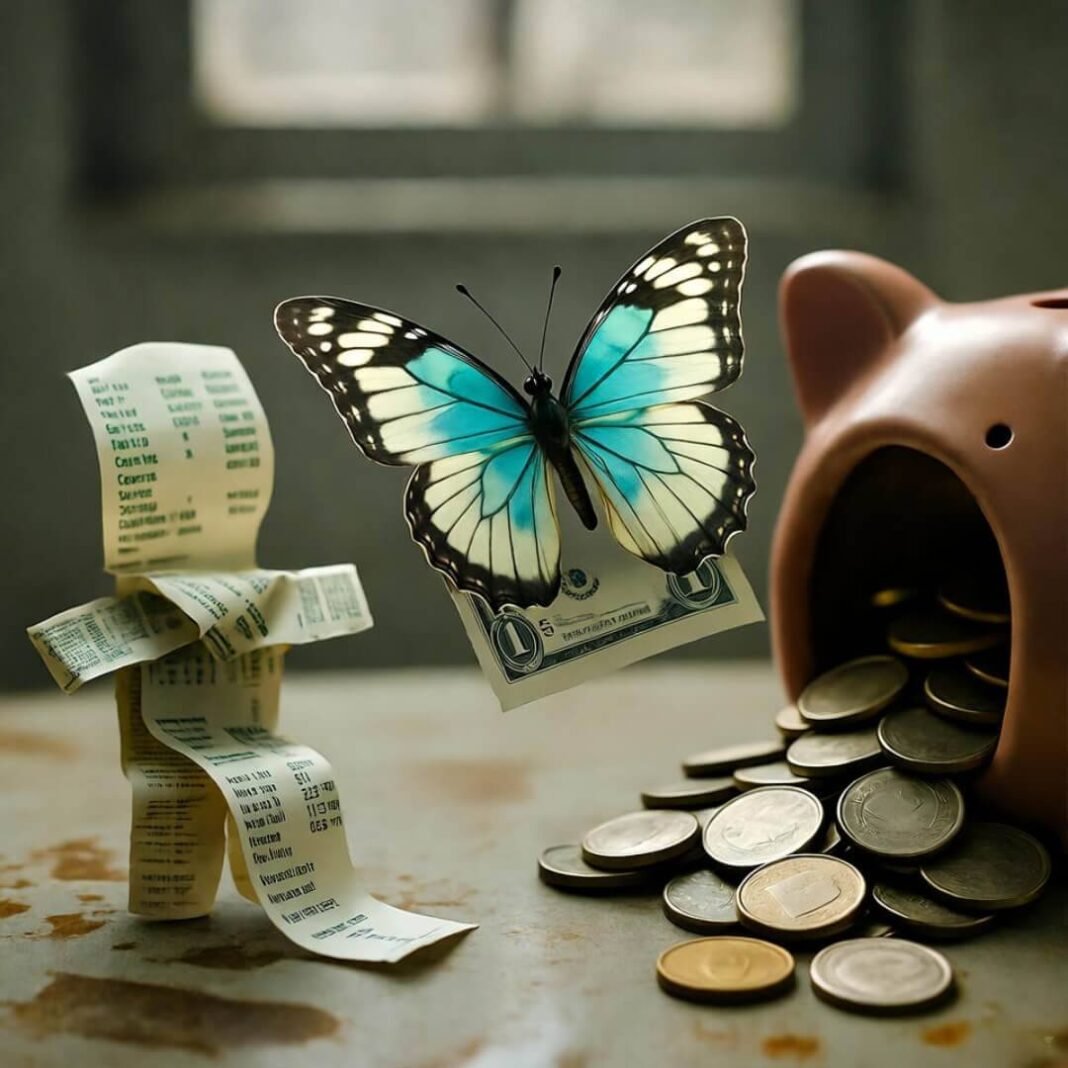 Piggy bank with receipt toys and butterfly dollar.