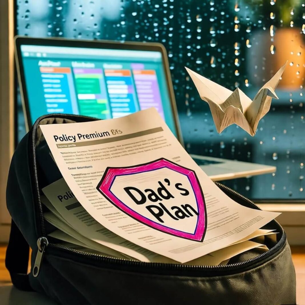 Dad’s plan spills from backpack, crane flies.