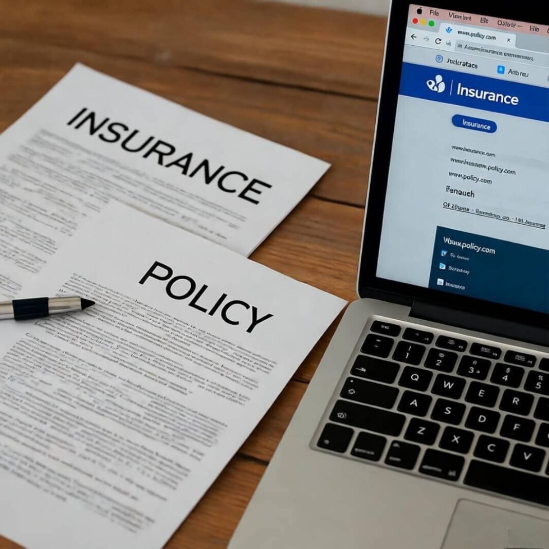 Cluttered desk with tangled bills and insurance sites.