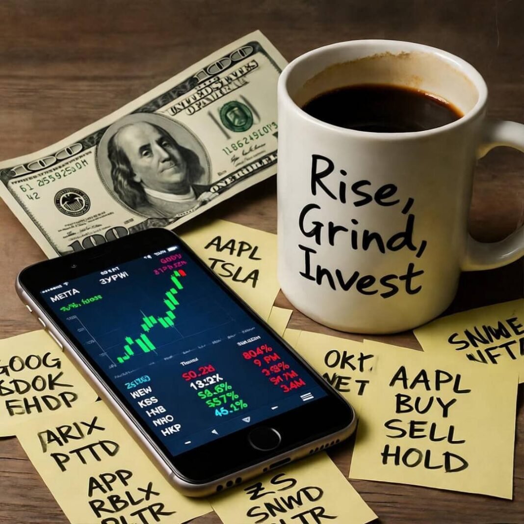 Crumpled dollar, stock app, coffee mug, stock notes.