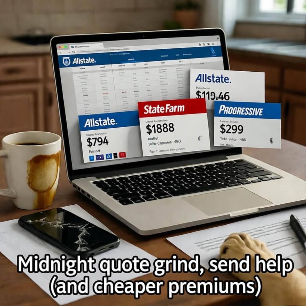 Chaotic laptop with insurance quotes and dog paw.