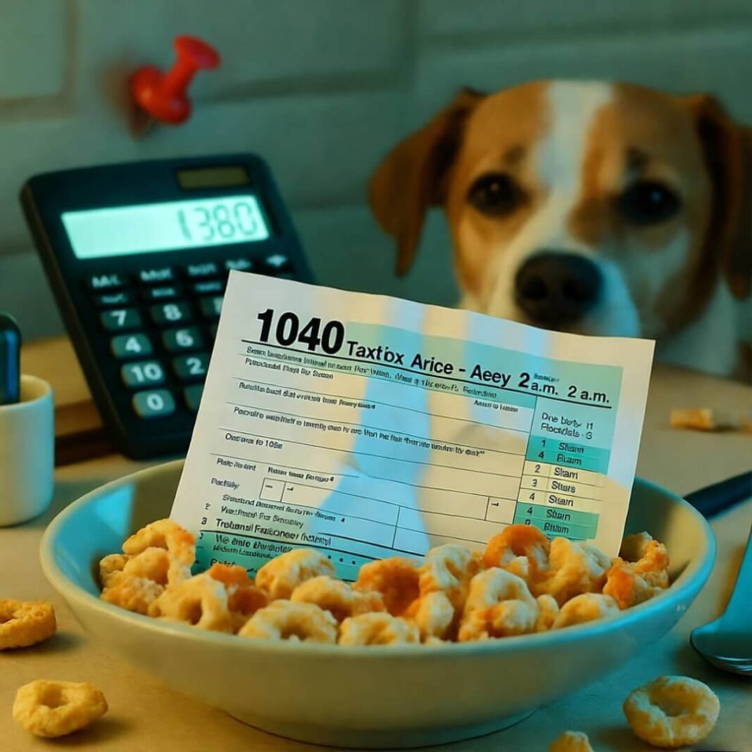 Tax form in cereal bowl, dog watches calculator.