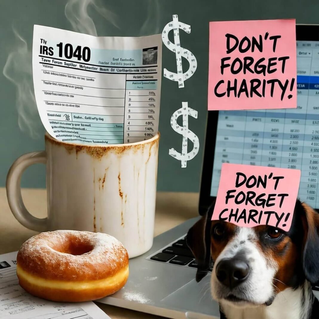 Tax chaos: coffee, donut, dog, deductions.