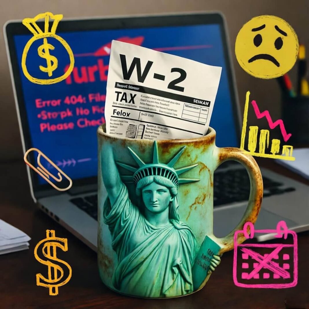 W-2 stuffed in Statue of Liberty mug, tax chaos.