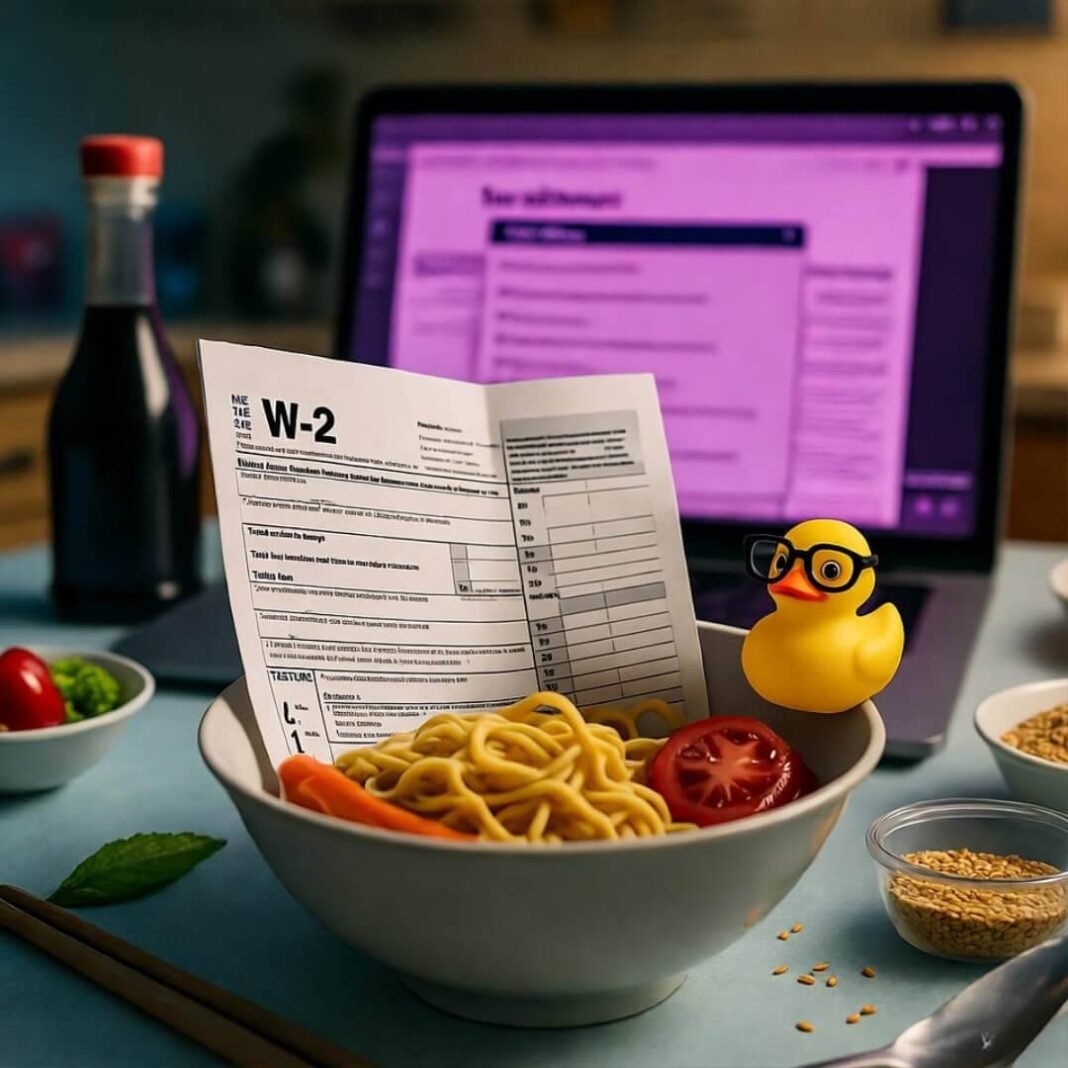 Ramen bowl with W-2, duck, laptop error.