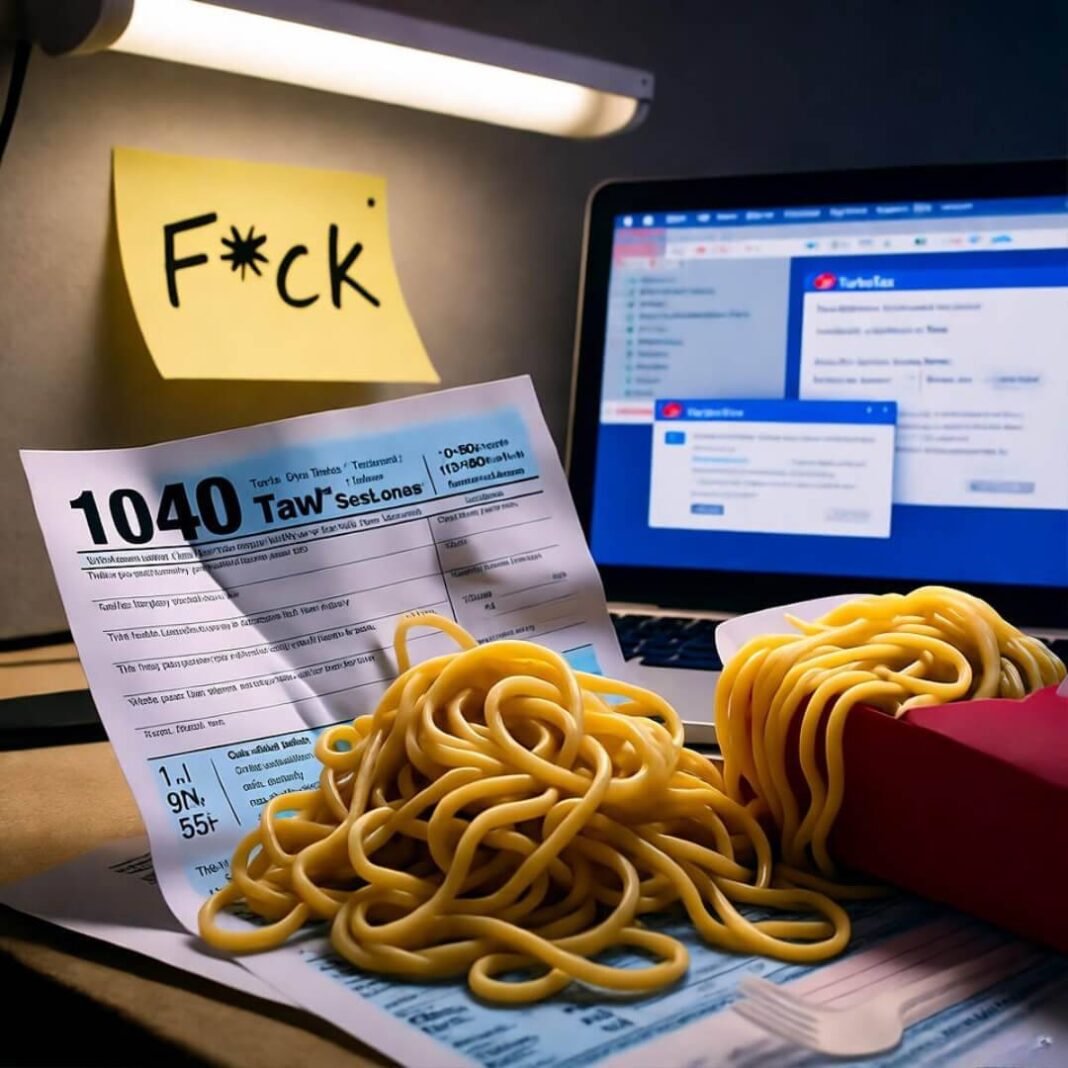 Crumpled 1040 in spilled noodles, TurboTax errors.
