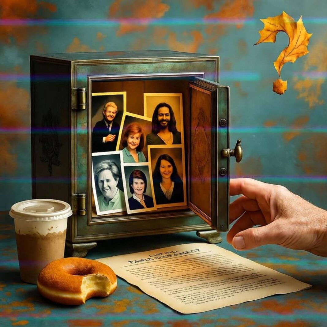 Brass will-safe glowing with photos, donut, hand.