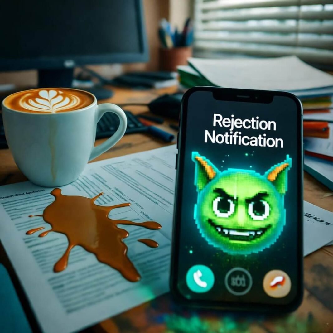 Spilled latte on denied credit app, gremlin mocks.