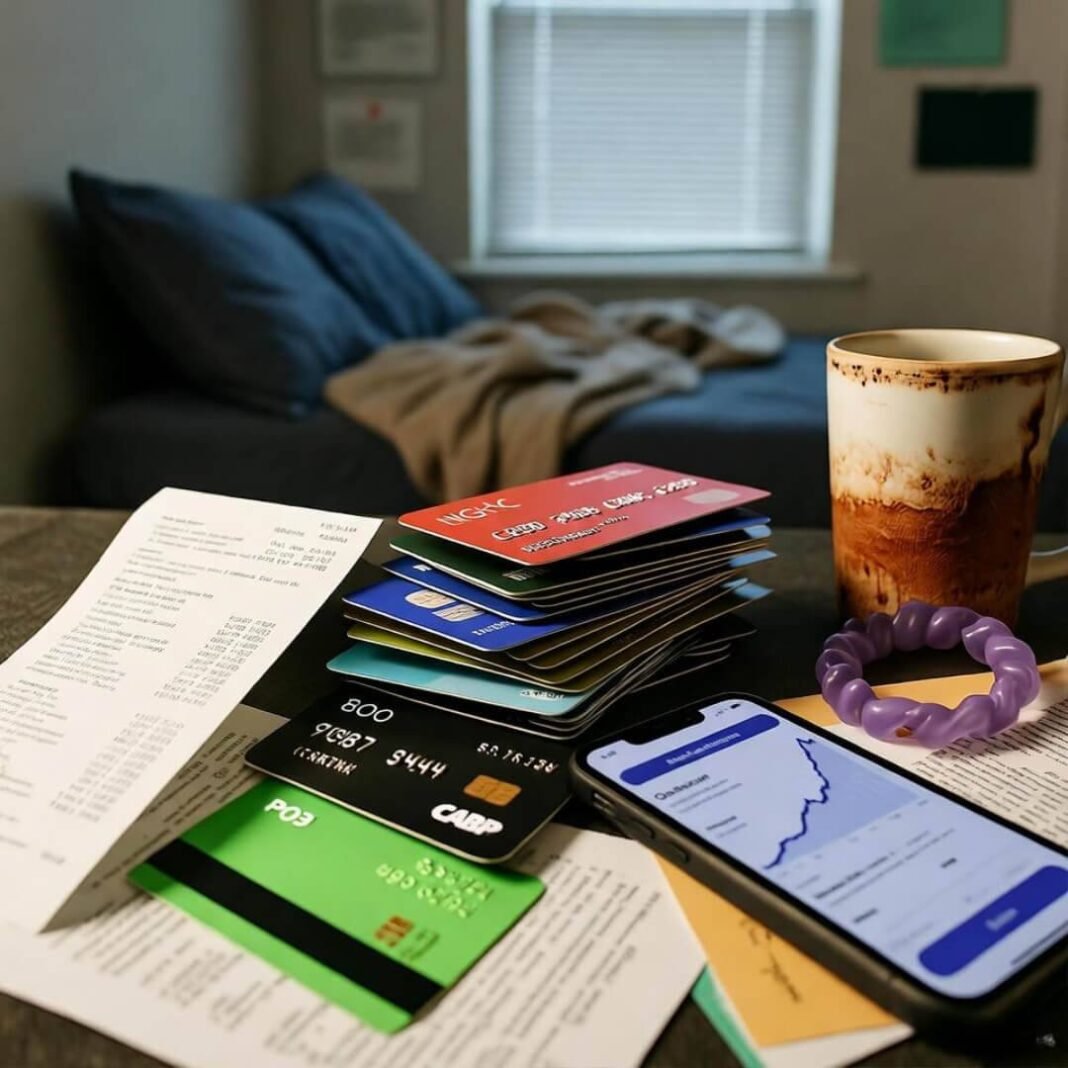 Blurry desk with credit cards, mug, hair tie chaos.