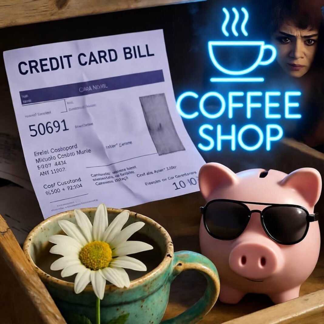 Blurry kitchen chaos, neon glow, quirky piggy bank.