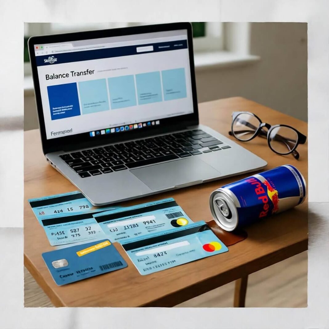 Chaotic desk with bills, Red Bull, laptop.