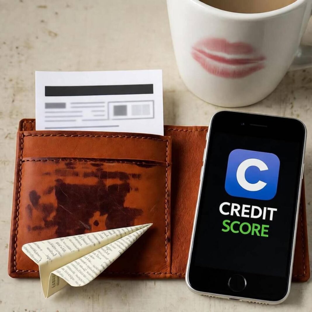 Blurry wallet, credit report, phone, mug, paper airplane.