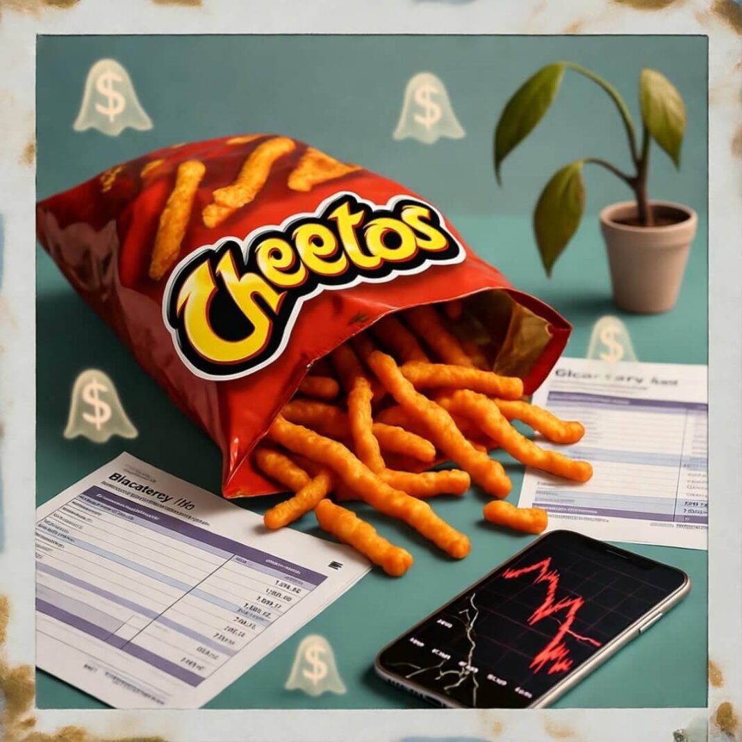 Cheetos, red chart, dollar ghosts on desk.
