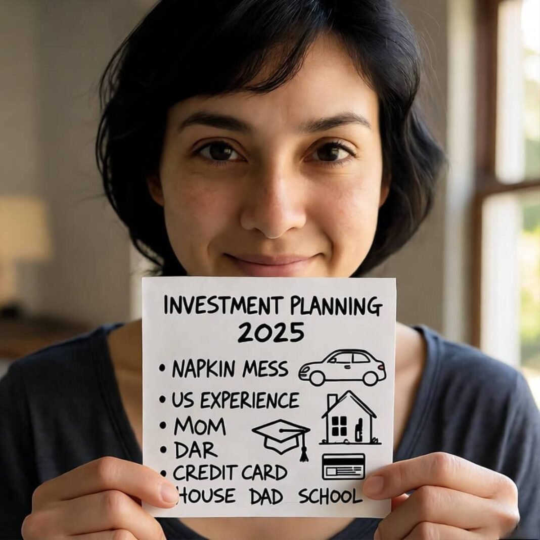 Hand-drawn napkin with investment planning 2025 sketch.