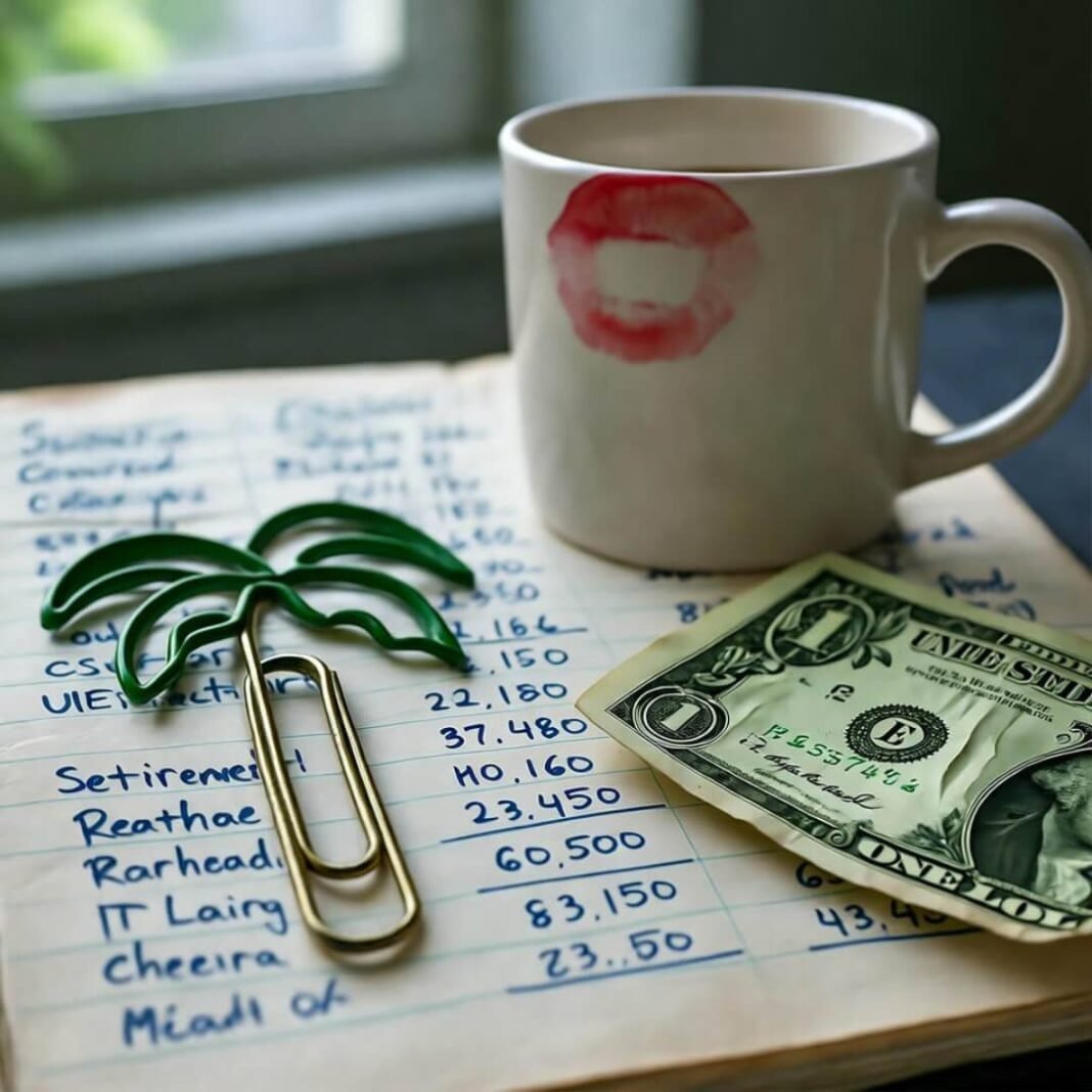 Blurry notebook with calculations, mug, dollar, paperclip.