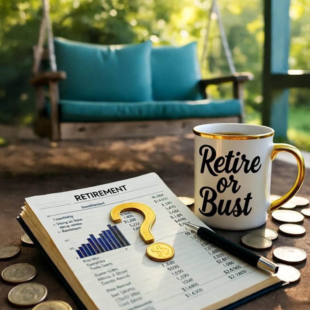 Blurred retirement notebook, mug, swing, coins question mark.