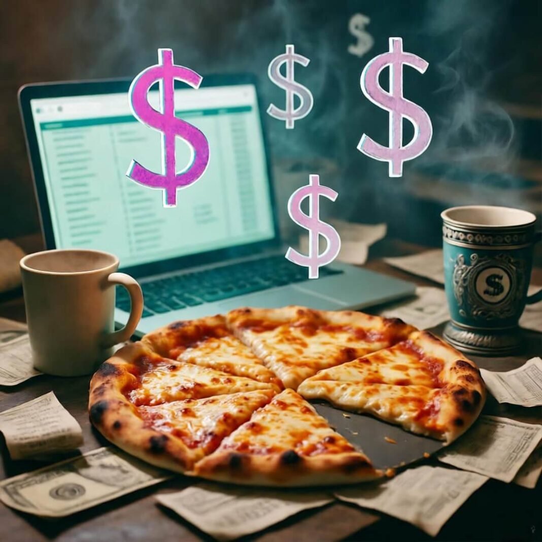 Pizza budget chaos with wilted dollar confetti.