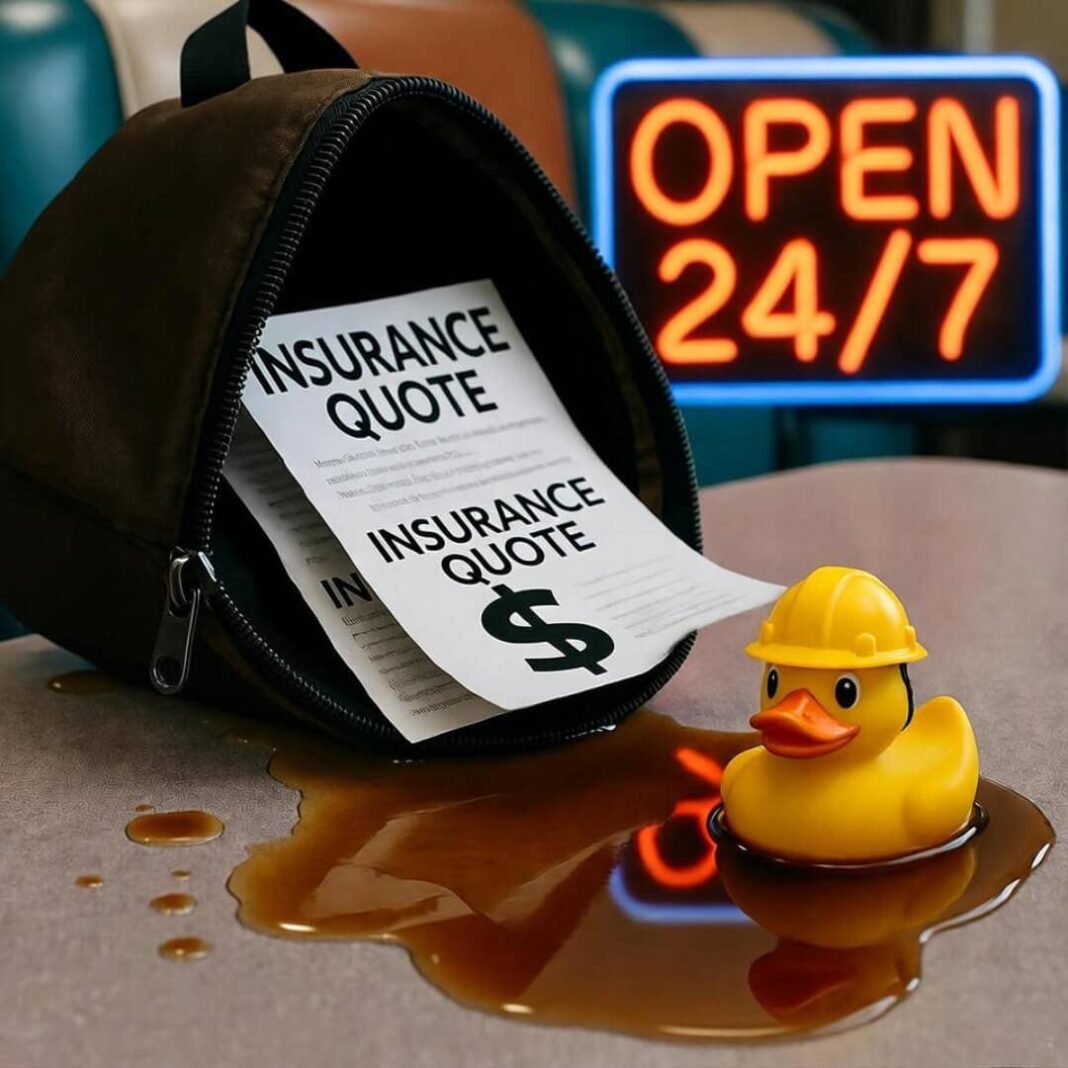 Insurance quotes spilling from backpack into coffee.