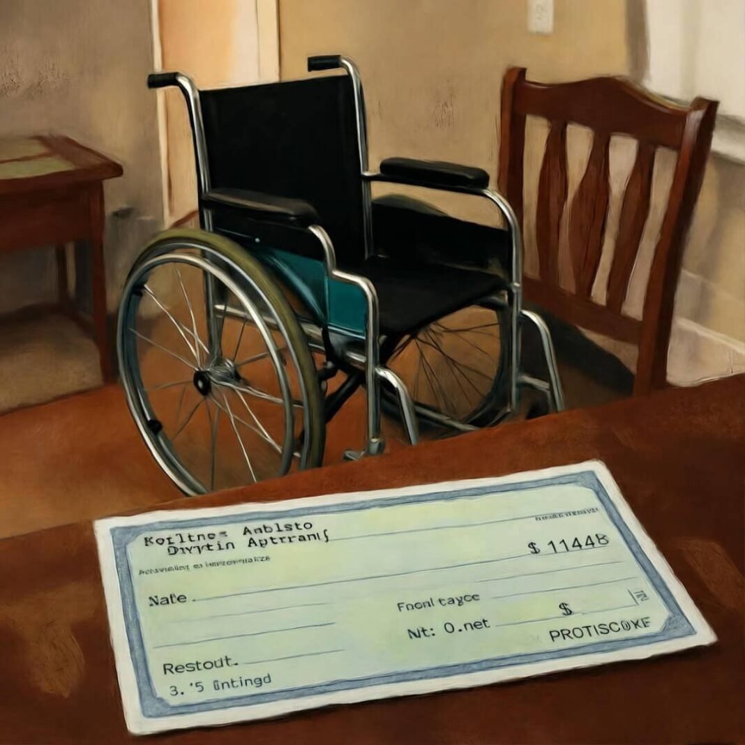 Wheelchair and paycheck on table, coffee spill.